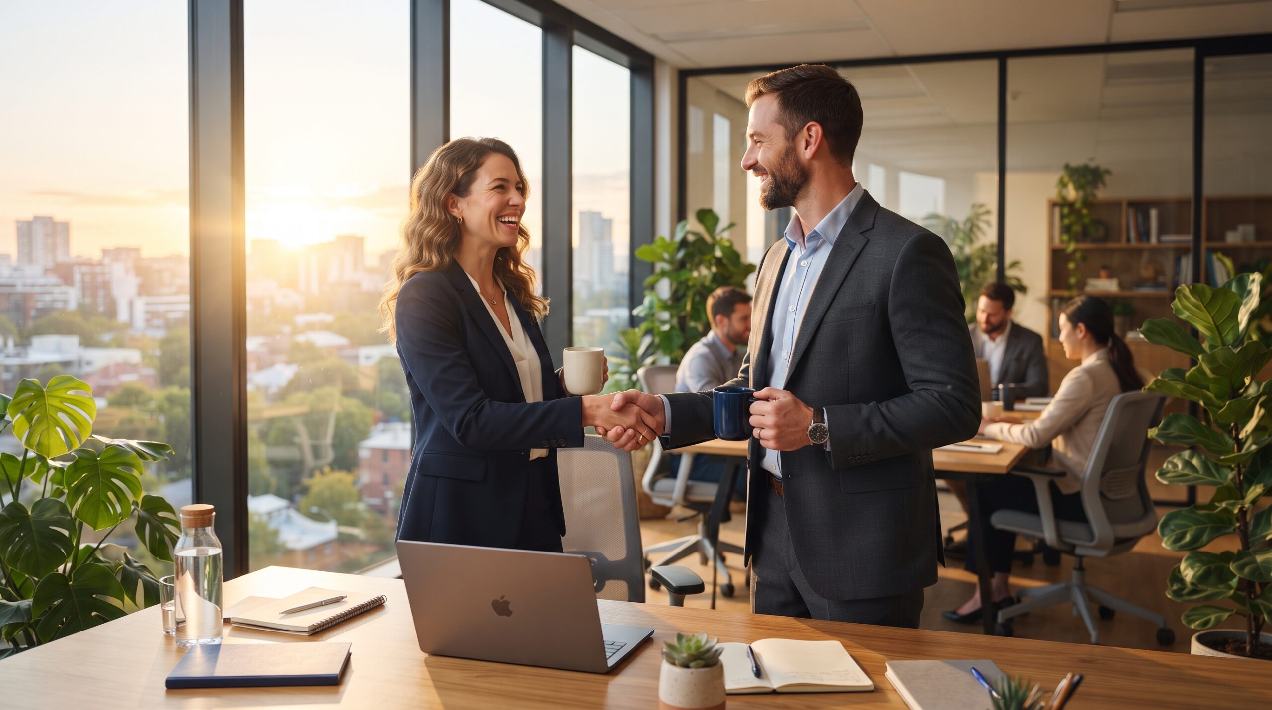 Professional colleagues sharing a positive good morning greeting in a modern office during sunrise.