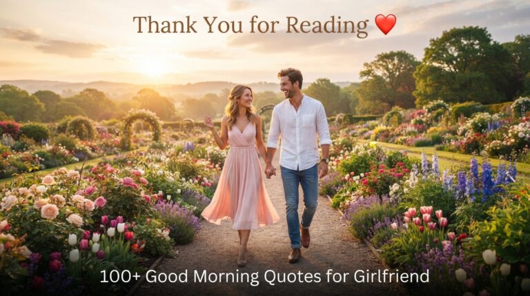 Romantic couple at sunrise with Thank You for Reading message for Good Morning Quotes for Girlfriend article.