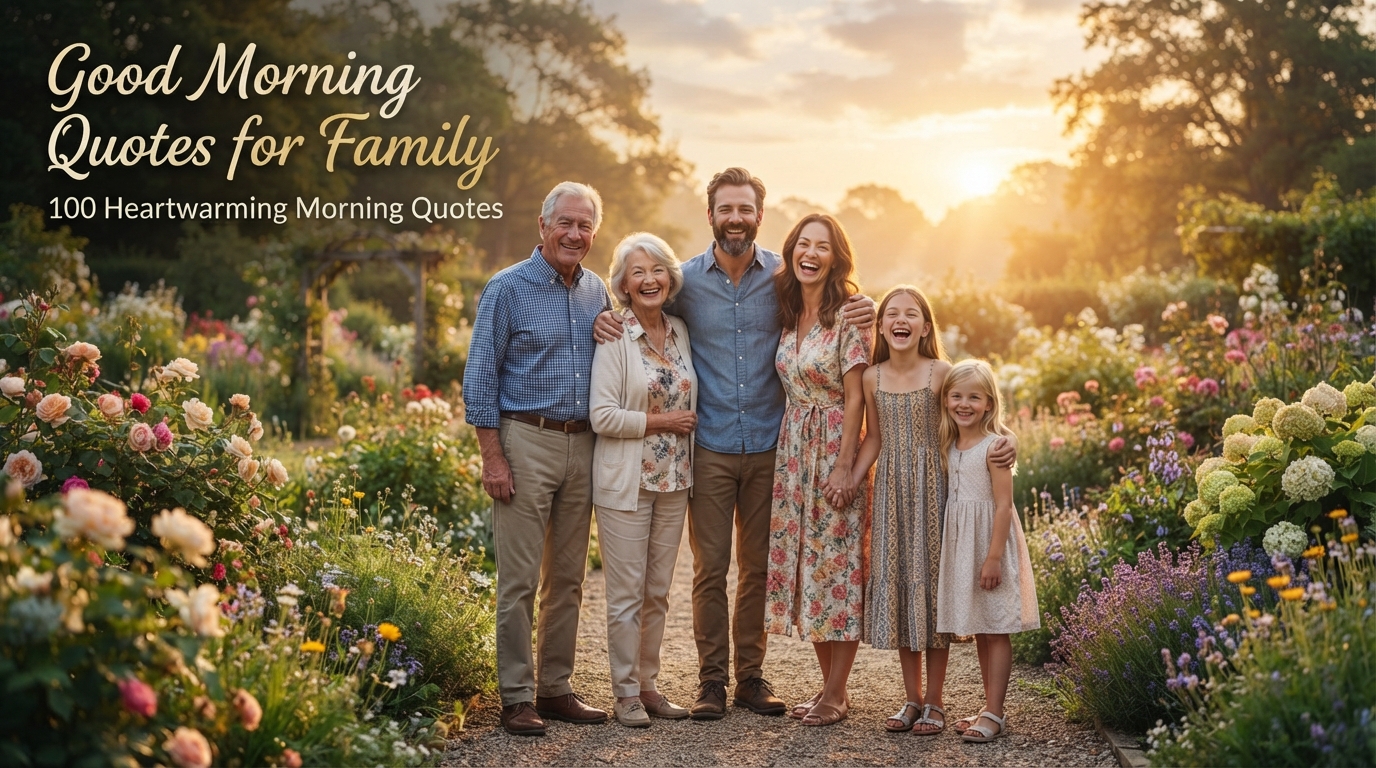 Happy Family Enjoying a Beautiful Sunrise with Good Morning Quotes for Family