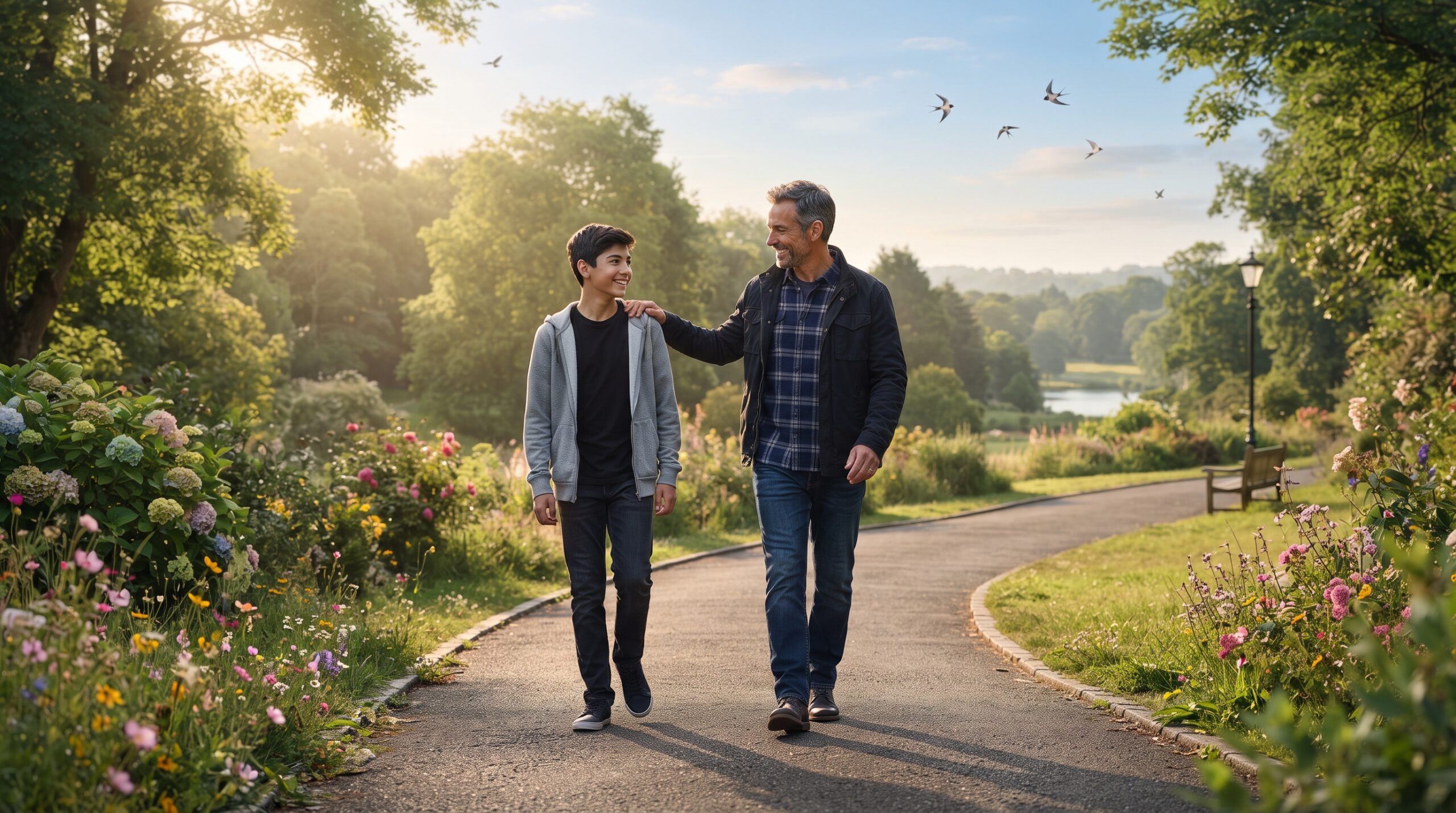Father and son walking together at sunrise representing love and good morning wishes for son.