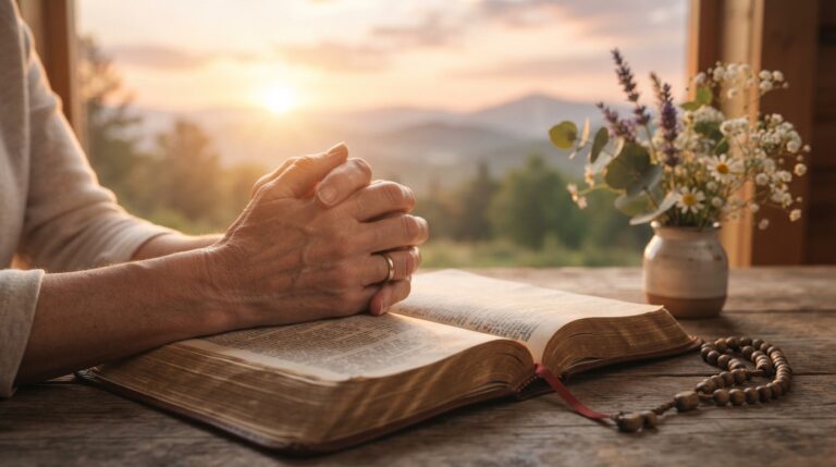 Beautiful sunrise with an open Bible, coffee cup, blooming flowers, and 100+ Good Morning Blessings to inspire faith, hope, peace, and happiness.