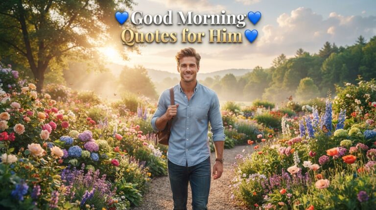 Good Morning Quotes for Him with a handsome man enjoying a beautiful sunrise in a flower garden.