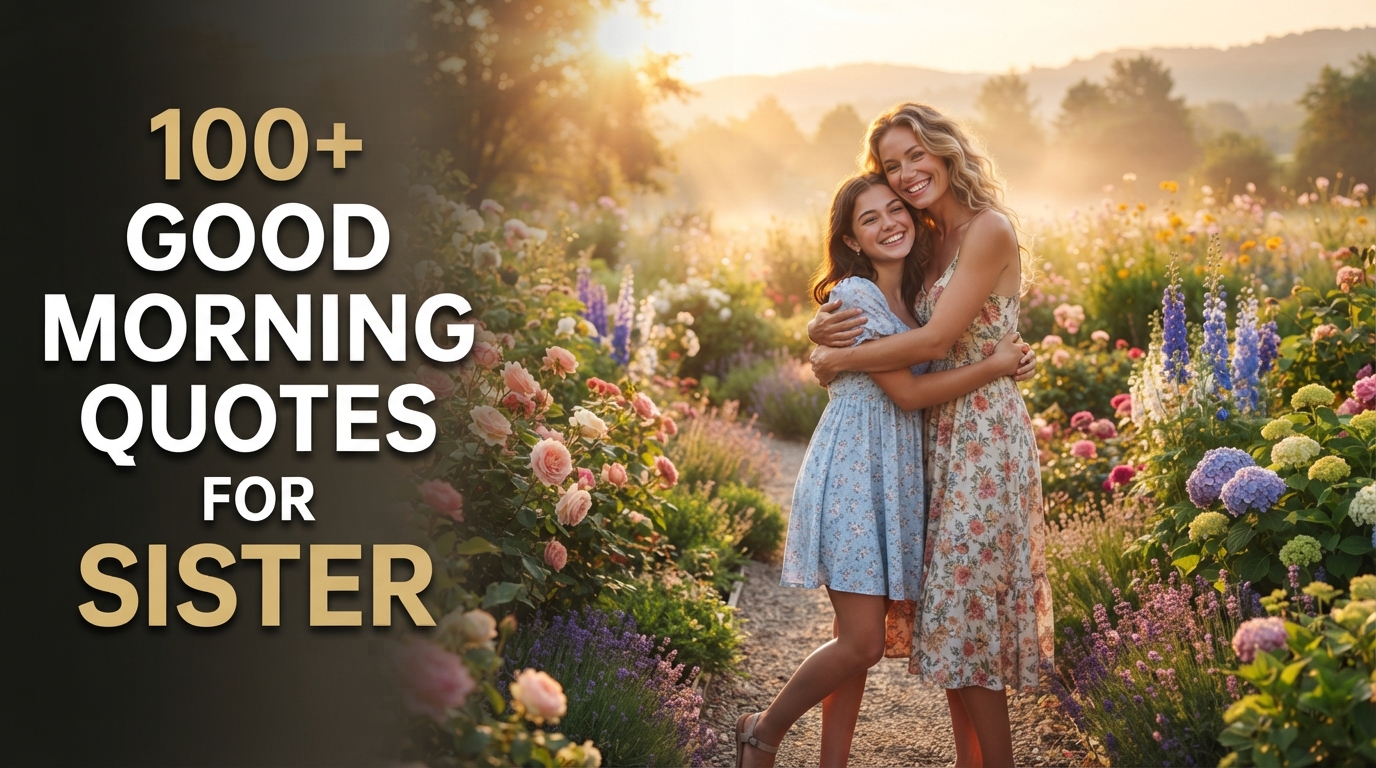 Two loving sisters hugging at sunrise with the title 100+ Good Morning Quotes for Sister.
