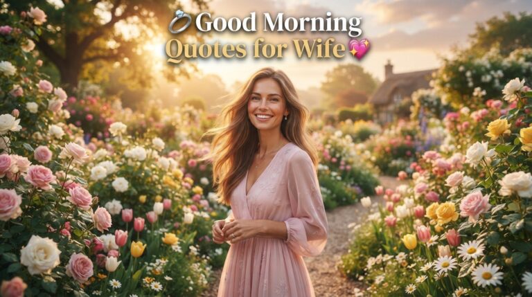 Good Morning Quotes for Wife featuring a beautiful wife enjoying a peaceful sunrise in a colorful flower garden.
