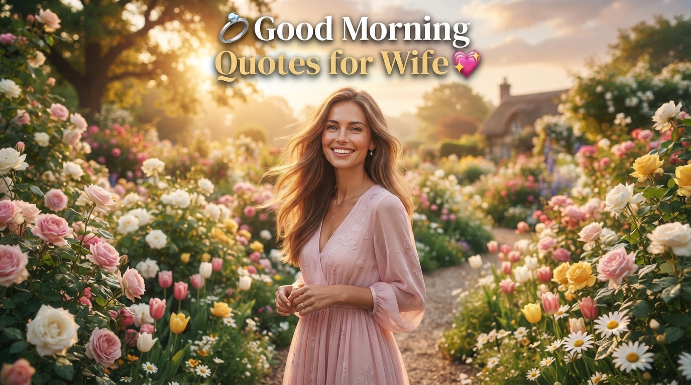 Good Morning Quotes for Wife featuring a beautiful wife enjoying a peaceful sunrise in a colorful flower garden.