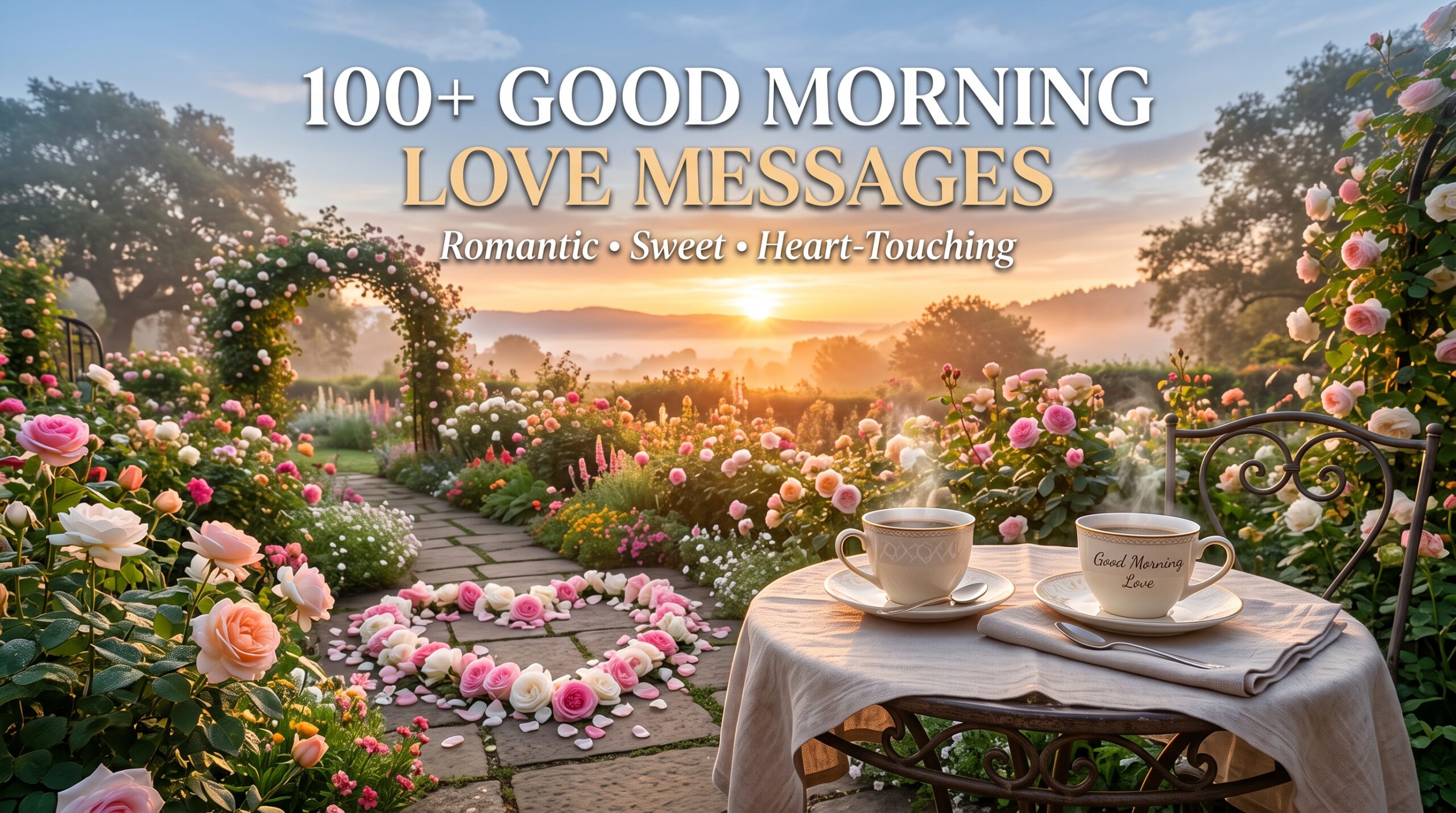100+ Good Morning Love Messages with romantic sunrise and roses