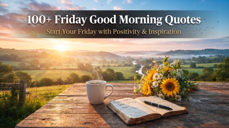 Beautiful Friday morning sunrise with inspirational Friday Good Morning Quotes, coffee, flowers, and a peaceful nature background.