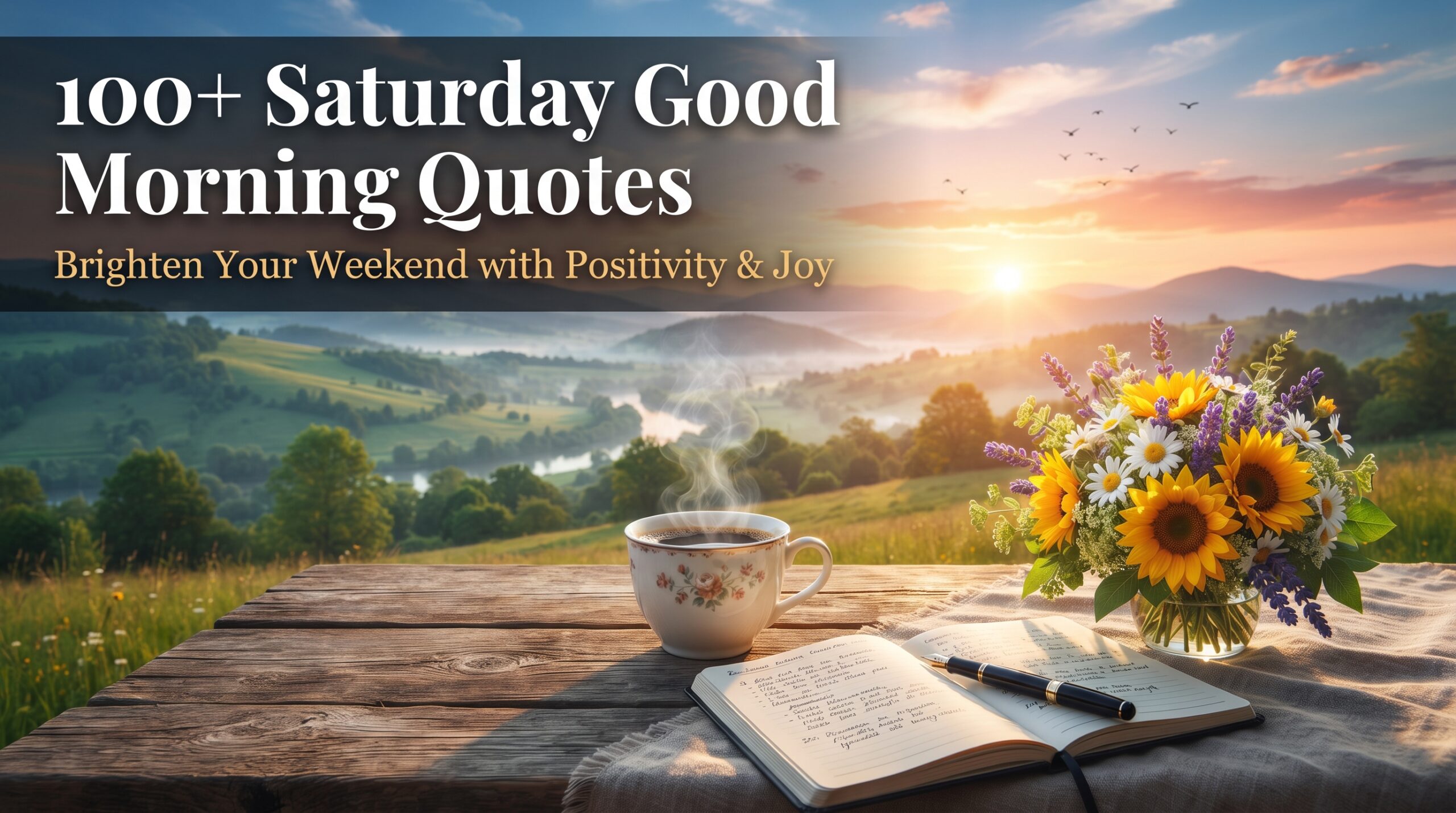 Beautiful Saturday morning sunrise with inspiring Saturday Good Morning Quotes, coffee, flowers, and a peaceful weekend nature background.