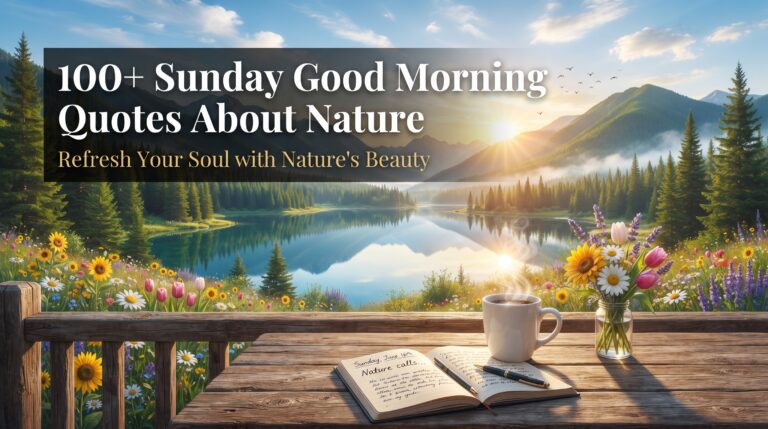Beautiful Sunday morning nature landscape with sunrise, flowers, birds, coffee, and inspiring Sunday Good Morning Quotes About Nature.